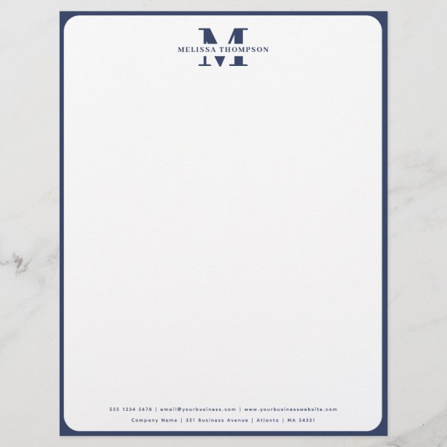 Modern Navy Blue Monogrammed Briefhoofd (Voorkant)