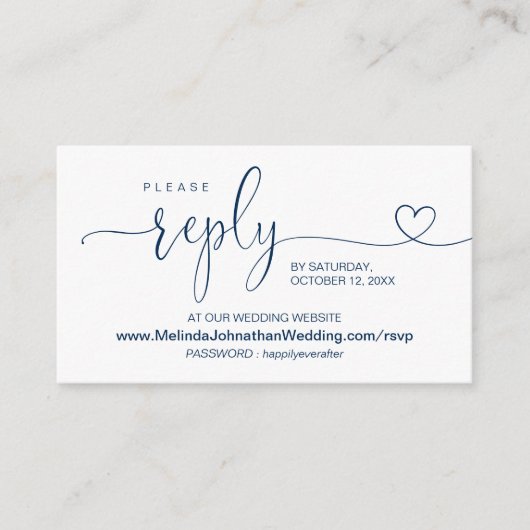 Modern Navy Blue, online bruiloft website RSVP Informatiekaartje (Voorkant)