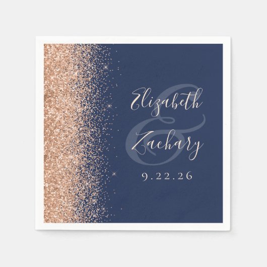 Modern Navy Blue Peach Glitter Wedding Servet (Voorkant)