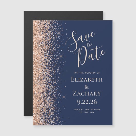 Modern Navy Blue Peach Save Date Magnetic Card (Voorkant / Achterkant)