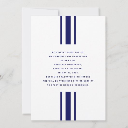 Modern Navy Blue Photo Afstuderen Aankondiging (Achterkant)