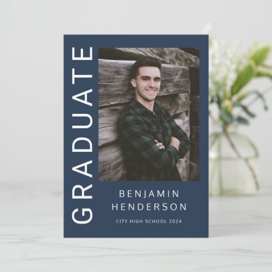 Modern Navy Blue Photo Boy Afstuderen Aankondiging (Staand voorkant)