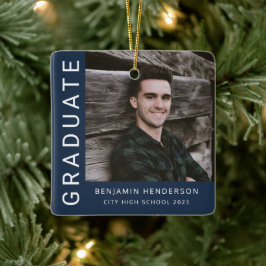 Modern Navy Blue Photo Boy Afstuderen Keramisch Ornament