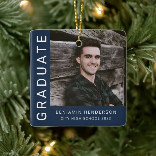 Modern Navy Blue Photo Boy Afstuderen Keramisch Ornament (Boom)
