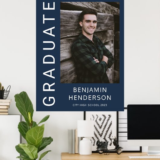 Modern Navy Blue Photo Boy Afstuderen Poster (Thuiskantoor)