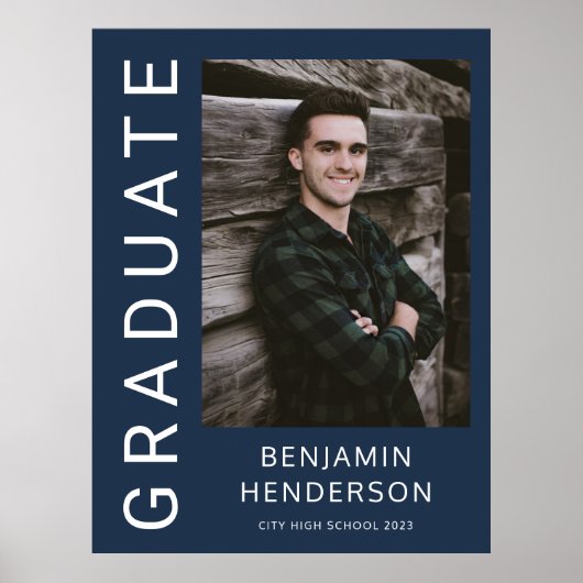 Modern Navy Blue Photo Boy Afstuderen Poster (Voorkant)