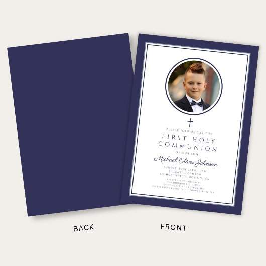 Modern Navy Blue Photo Boy First Communion Kaart