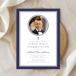 Modern Navy Blue Photo Boy First Communion Kaart