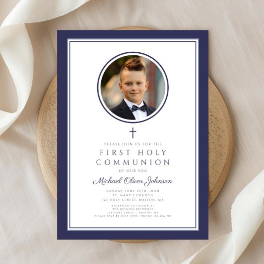 Modern Navy Blue Photo Boy First Communion Kaart