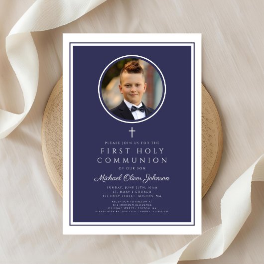 Modern Navy Blue Photo Boy First Communion Kaart