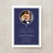 Modern Navy Blue Photo Boy First Communion Kaart