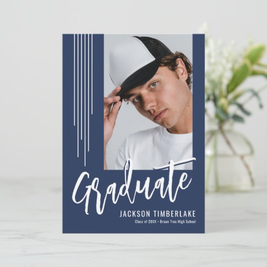 Modern Navy Blue Photo Graduation Party Kaart (Staand voorkant)
