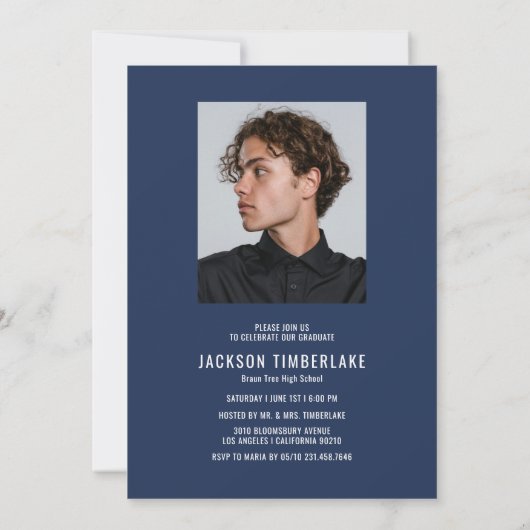Modern Navy Blue Photo Graduation Party Kaart (Achterkant)