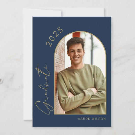 Modern Navy Blue Photo Graduation Party Kaart (Voorkant)