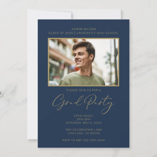 Modern Navy Blue Photo Graduation Party Kaart (Achterkant)