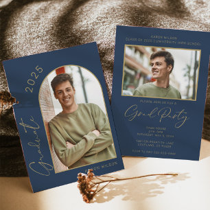 Modern Navy Blue Photo Graduation Party Kaart