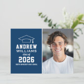 Modern Navy Blue Photo Graduation Party Kaart (Staand voorkant)