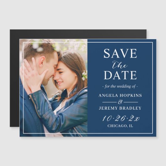 Modern Navy Blue Photo Lijst Save the Date Magnet (Voorkant / Achterkant)