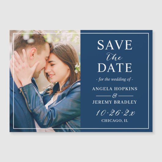 Modern Navy Blue Photo Lijst Save the Date Magnet (Voorkant)