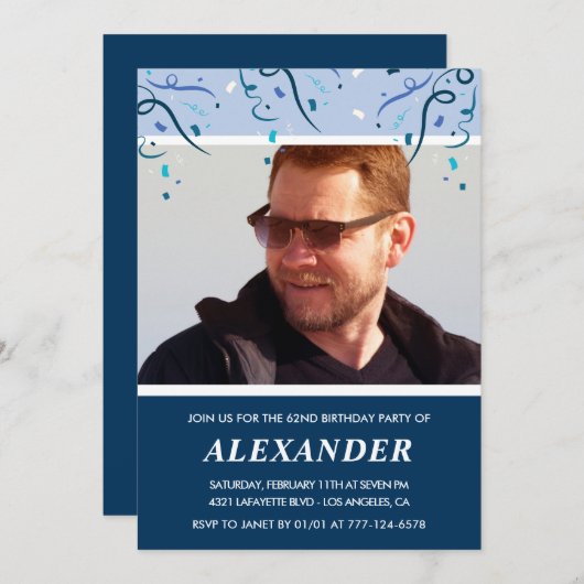 Modern Navy Blue Photo Man 62ste verjaardag Kaart (Voorkant / Achterkant)