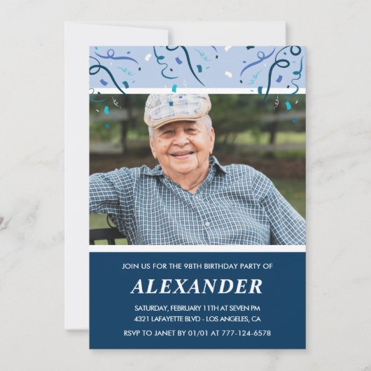 Modern Navy Blue Photo Man 98ste verjaardag Kaart (Voorkant)