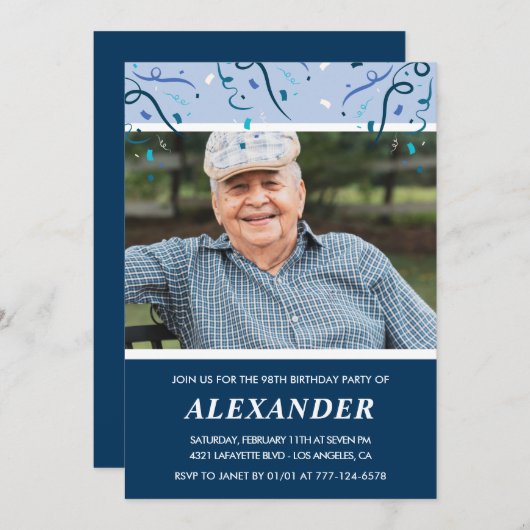 Modern Navy Blue Photo Man 98ste verjaardag Kaart (Voorkant / Achterkant)