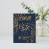Modern Navy Blue Pine Bough Floral Gold Script Feestdagenkaart (Staand voorkant)