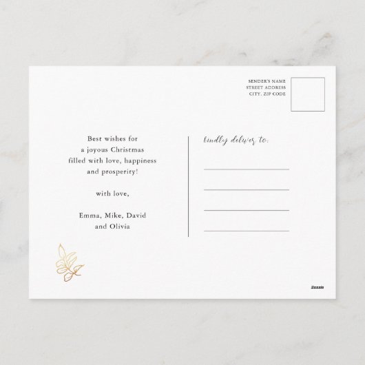 Modern Navy Blue Pine Bough Floral Gold Script Feestdagenkaart (Achterkant)