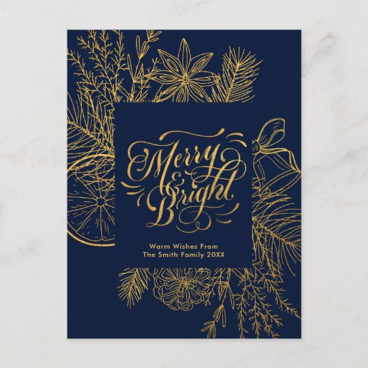 Modern Navy Blue Pine Bough Floral Gold Script Feestdagenkaart (Voorkant)