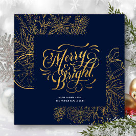 Modern Navy Blue Pine Bough Floral Gold Script Feestdagenkaart