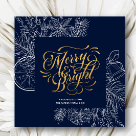 Modern Navy Blue Pine Bough Floral Gold Script Feestdagenkaart
