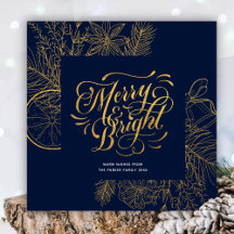 Modern Navy Blue Pine Bough Floral Gold Script