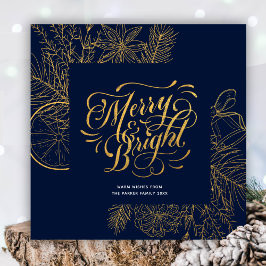 Modern Navy Blue Pine Bough Floral Gold Script Feestdagenkaart