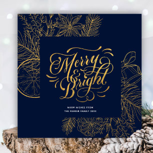 Modern Navy Blue Pine Bough Floral Gold Script Feestdagenkaart