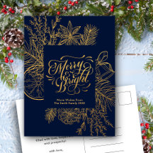 Modern Navy Blue Pine Bough Floral Gold Script