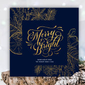 Modern Navy Blue Pine Bough Floral Gold Script Feestdagenkaart
