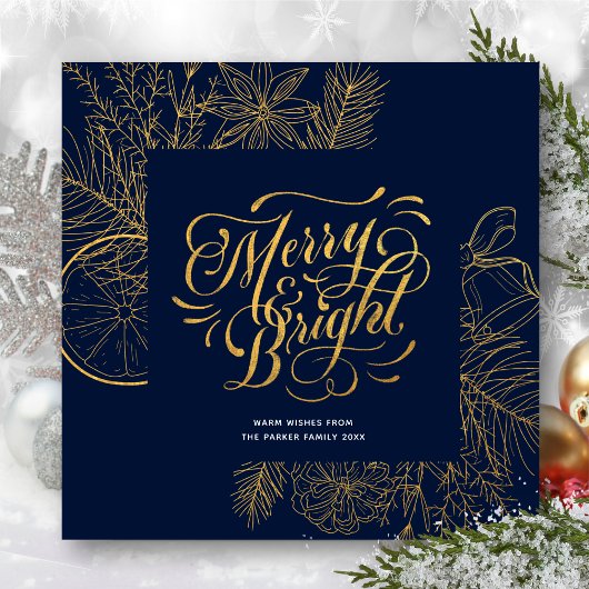 Modern Navy Blue Pine Bough Floral Gold Script Feestdagenkaart
