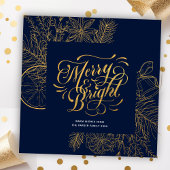 Modern Navy Blue Pine Bough Floral Gold Script Feestdagenkaart