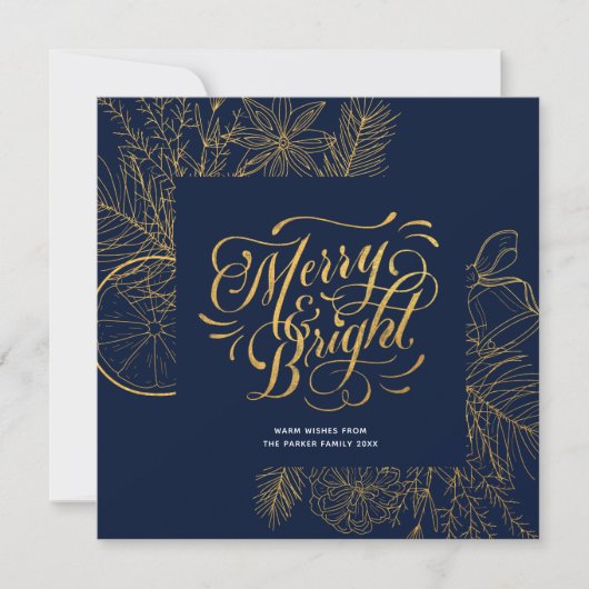 Modern Navy Blue Pine Bough Floral Gold Script Feestdagenkaart (Voorkant)