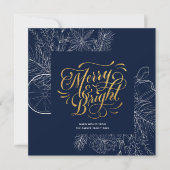 Modern Navy Blue Pine Bough Floral Gold Script Feestdagenkaart (Voorkant)