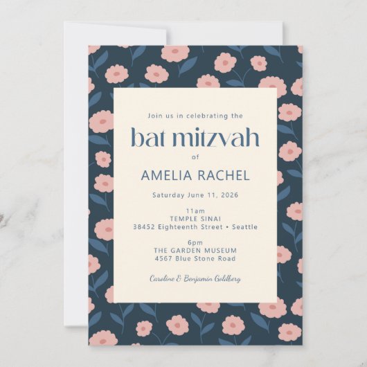 Modern Navy Blue Pink Boho Floral Bat Mitzvah Kaart (Voorkant)