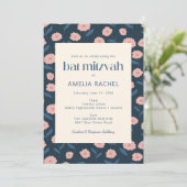 Modern Navy Blue Pink Boho Floral Bat Mitzvah Kaart (Staand voorkant)