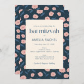 Modern Navy Blue Pink Boho Floral Bat Mitzvah Kaart (Voorkant / Achterkant)