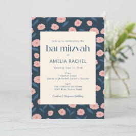 Modern Navy Blue Pink Boho Floral Bat Mitzvah Kaart