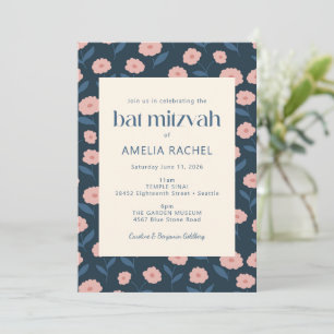 Modern Navy Blue Pink Boho Floral Bat Mitzvah Kaart