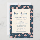 Modern Navy Blue Pink Boho Floral Bat Mitzvah RSVP Kaart (Voorkant)