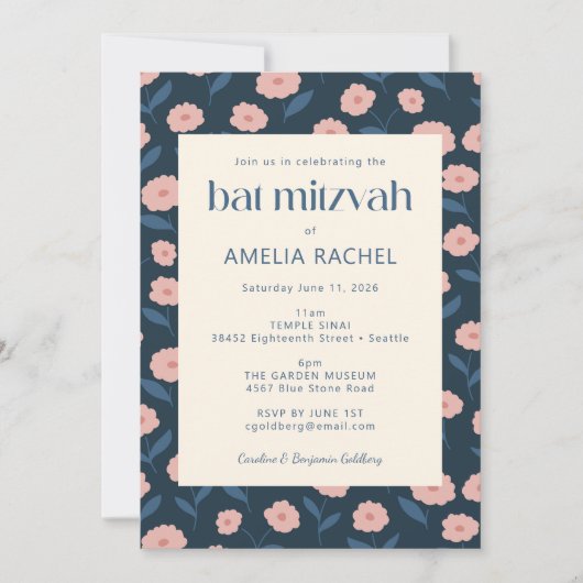 Modern Navy Blue Pink Boho Floral Bat Mitzvah RSVP Kaart (Voorkant)