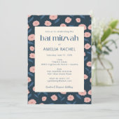Modern Navy Blue Pink Boho Floral Bat Mitzvah RSVP Kaart (Staand voorkant)