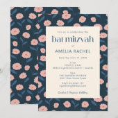 Modern Navy Blue Pink Boho Floral Bat Mitzvah RSVP Kaart (Voorkant / Achterkant)
