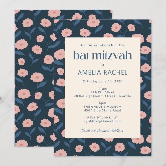 Modern Navy Blue Pink Boho Floral Bat Mitzvah RSVP Kaart (Voorkant / Achterkant)